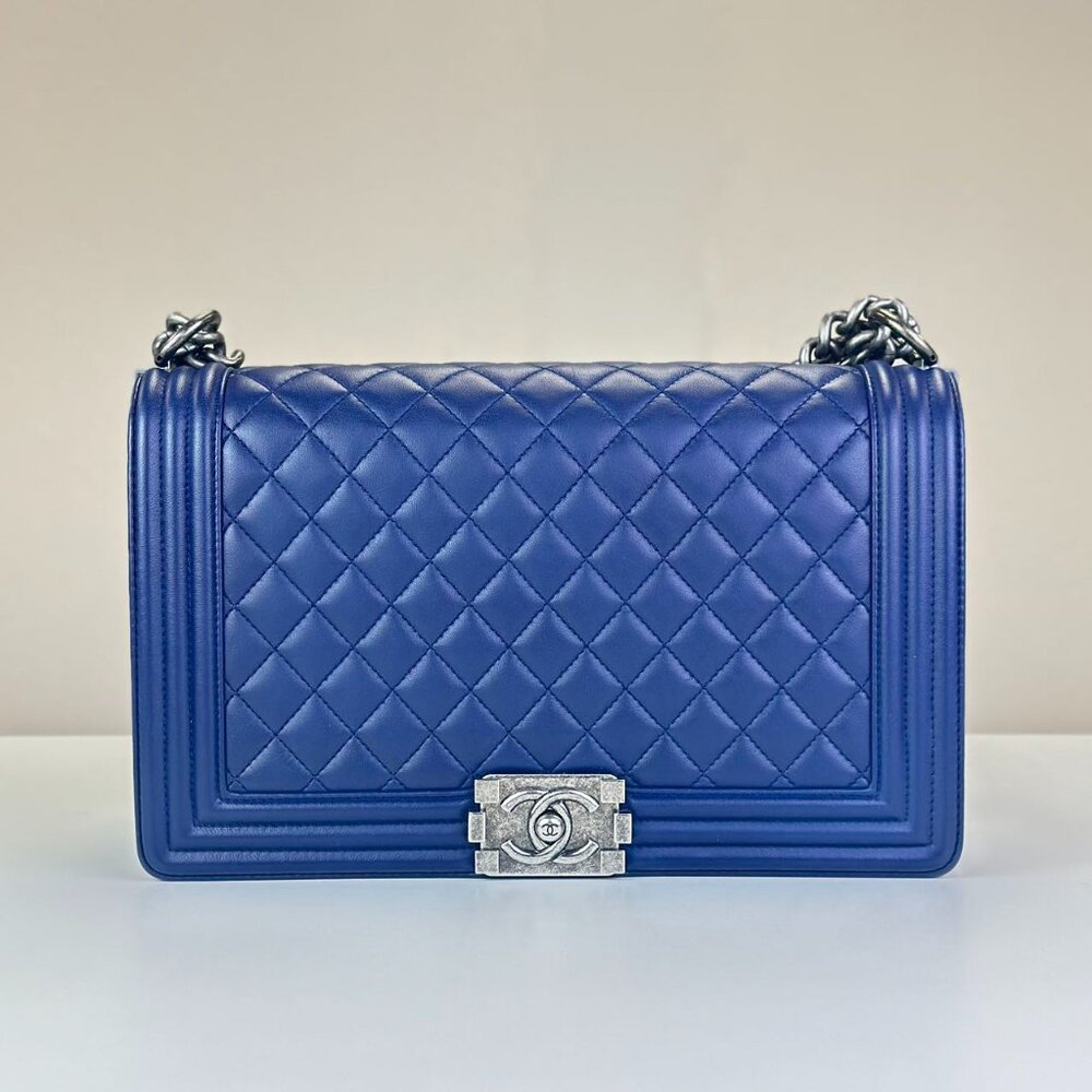 Chanel Blue Leather Lambskin Medium Large Boy Bag Shoulder Bag Crossbody